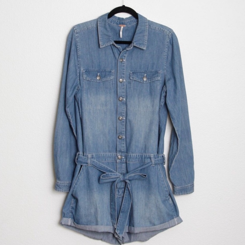 Free people chambray romper long sleeve denim L - Picture 2 of 7